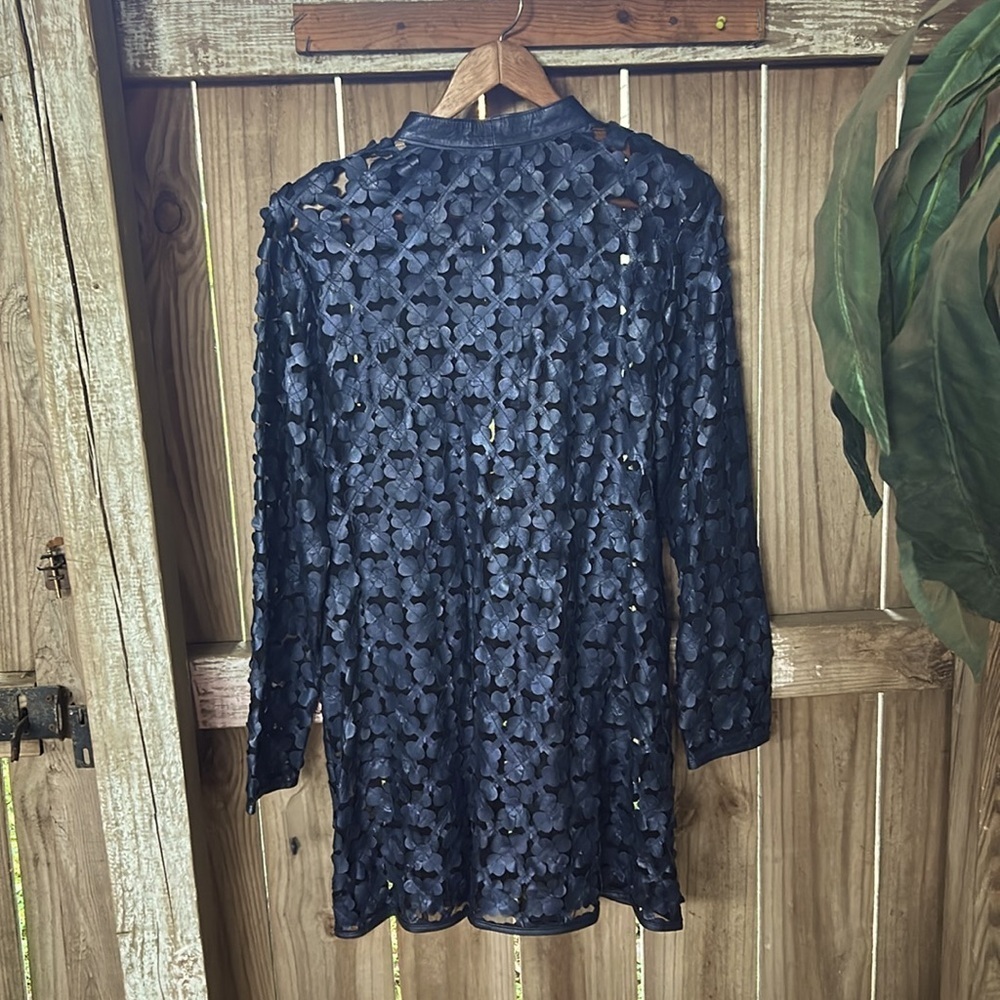 Dakota West Leather Mesh Women’s 3D Daisy Duster Jacket Size L Navy Blue - Picture 6 of 9